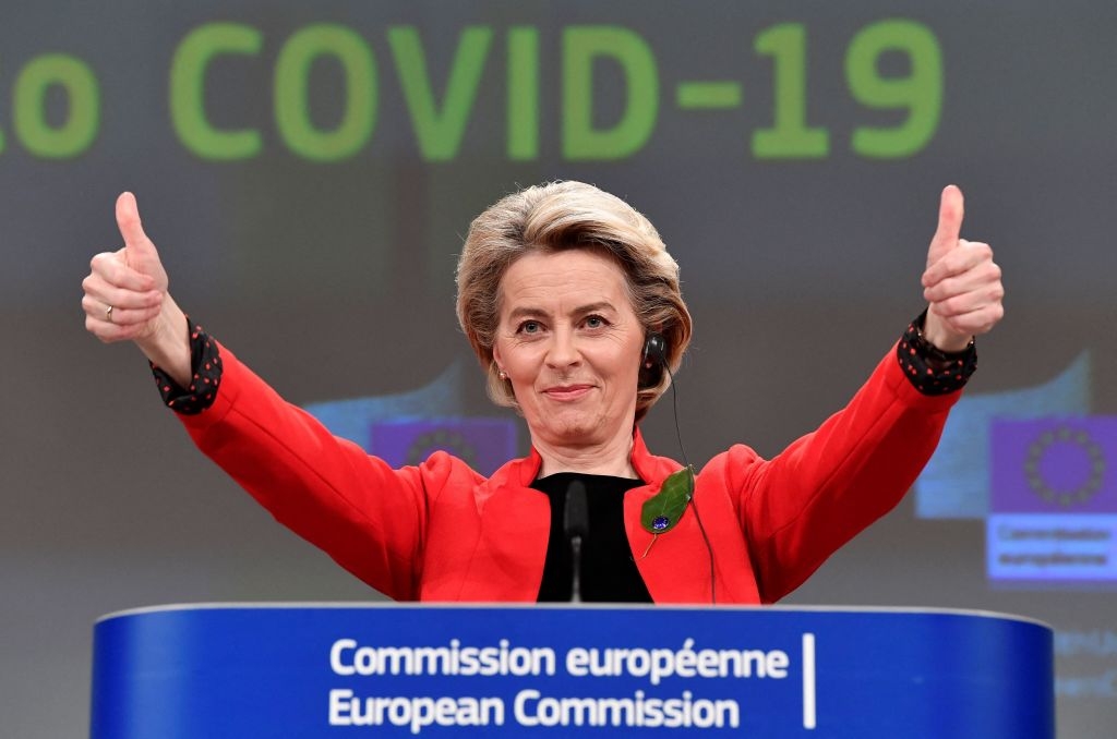 European Commission President Ursula von der Leyen getures during a press conference following a college meeting to introduce draft legislation on a common EU Covid-19 vaccination certificate at the EU headquarters in Brussels on March 17, 2021. (Photo by JOHN THYS / POOL / AFP) (Photo by JOHN THYS/POOL/AFP via Getty Images)