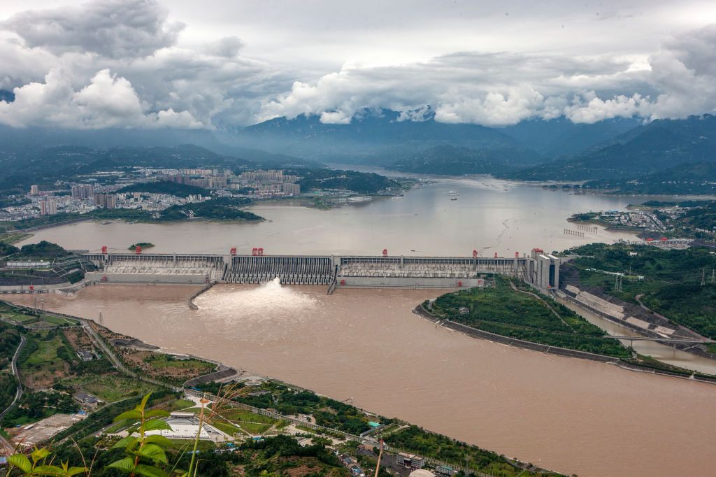 This aerial photo taken on September 7, 2020 shows water being released from the Three Gorges Dam, a hydropower project on the Yangtze river, in Yichang, central China's Hubei province. - China OUT (Photo by AFP) / China OUT (Photo by STR/AFP via Getty Images)