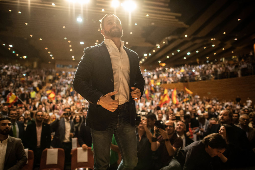 GRANADA, SPAIN - APRIL 17: Leader of far right wing party VOX Santiago Abascal (C) arrives to a rally at Palacios de Congresos on April 17, 2019 in Granada, Spain. More than 36 million Spaniards are called to vote on April 28 in a general election to elect the 350 seats of the Parliament of Spain and the 266 seats of the Senate of Spain. (Photo by David Ramos/Getty Images)