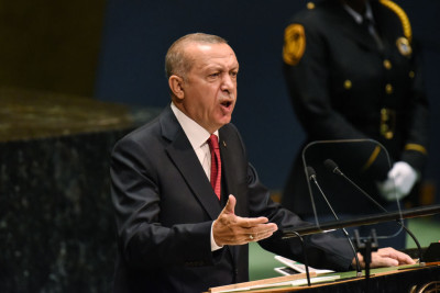 NEW YORK, NY - SEPTEMBER 24:  Turkish President Recep Tayyip Erdoan speaks at the United Nations (U.N.) General Assembly  on September 24, 2019 in New York City. World leaders are gathered for the 74th session of the UN amid a warning by Secretary-General Antonio Guterres in his address yesterday of the looming risk of a world splitting between the two largest economies - the U.S. and China.  (Photo by Stephanie Keith/Getty Images)