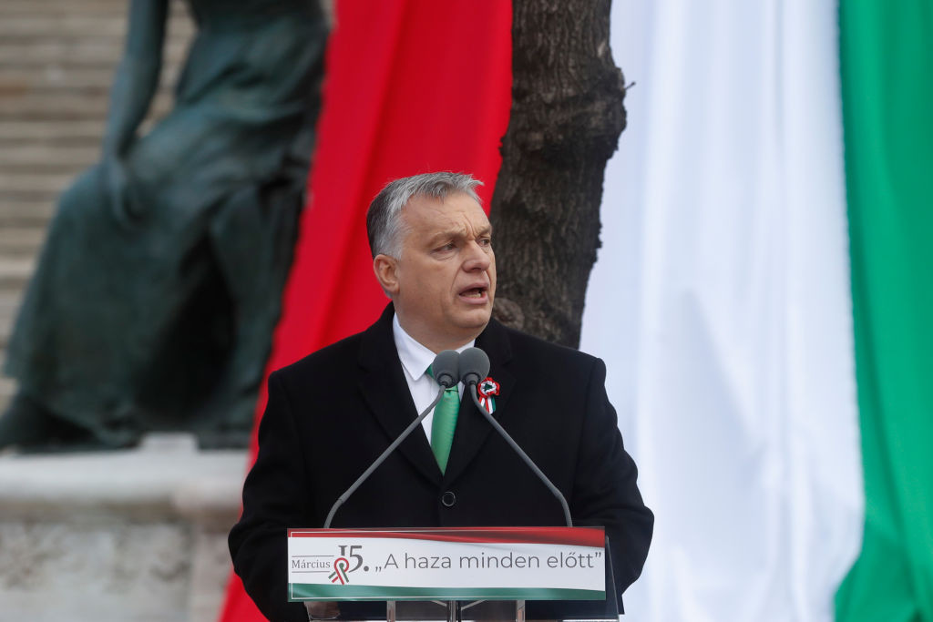 BUDAPEST, HUNGARY - MARCH 15:  Hungarian Prime Minister Viktor Orban delivers a speech in front of the National Museum during Hungary's National Day celebrations on March 15, 2019 in Budapest, Hungary. Hungary's National Day celebrations commemorate the 1848 Hungarian Revolution against the Habsburg monarchy, (Photo by Laszlo Balogh/Getty Images)