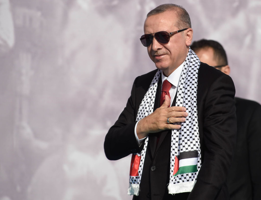 ISTANBUL, TURKEY - MAY 18: Turkey's President Recep Tayyip Erdogan salutes his supporters during a rally at Istanbul's Yenikapi fairground to show solidarity with Palestinians after Israels aggression against Palestinian civilians on the Gaza border on May 18, 2018 in Istanbul, Turkey. Israeli soldiers killed over 50 Palestinians on May 14, 2018 during violent demonstrations on the Gaza-Israel border coincided with the controversial opening of the U.S. Embassy in Jerusalem.   (Photo by Getty Images)