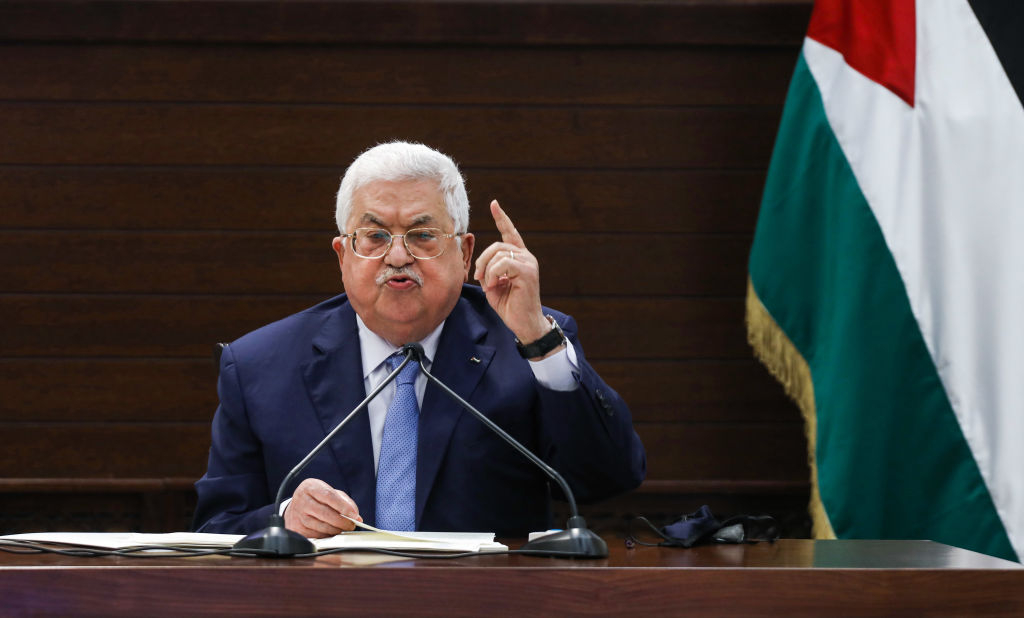 Palestinian president Mahmud Abbas speaks in the West Bank's Ramallah on September 3, 2020, as he meets by video conference with representatives of Palestinian factions gathered at the Palestinian embassy in Beirut in rare talks on how to respond to such accords and to a Middle East peace plan announced by Washington this year. (Photo by Alaa BADARNEH / POOL / AFP) (Photo by ALAA BADARNEH/POOL/AFP via Getty Images)