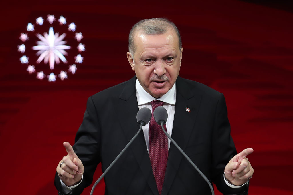 Turkish President Recep Tayyip Erdogan speaks during State Medal of Commendation Ceremony at Bestepe National Congress and Culture Center in Ankara on September 17, 2020. (Photo by Adem ALTAN / AFP) (Photo by ADEM ALTAN/AFP via Getty Images)