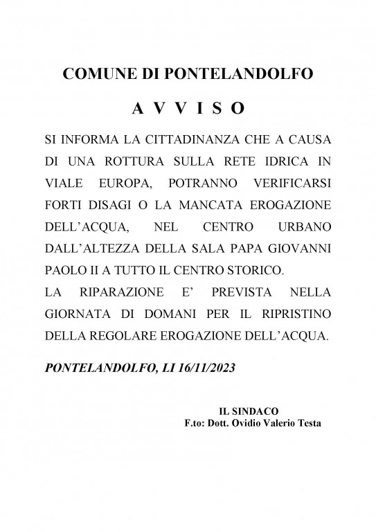 Avviso disfunzione idrica_rottura viale Europa