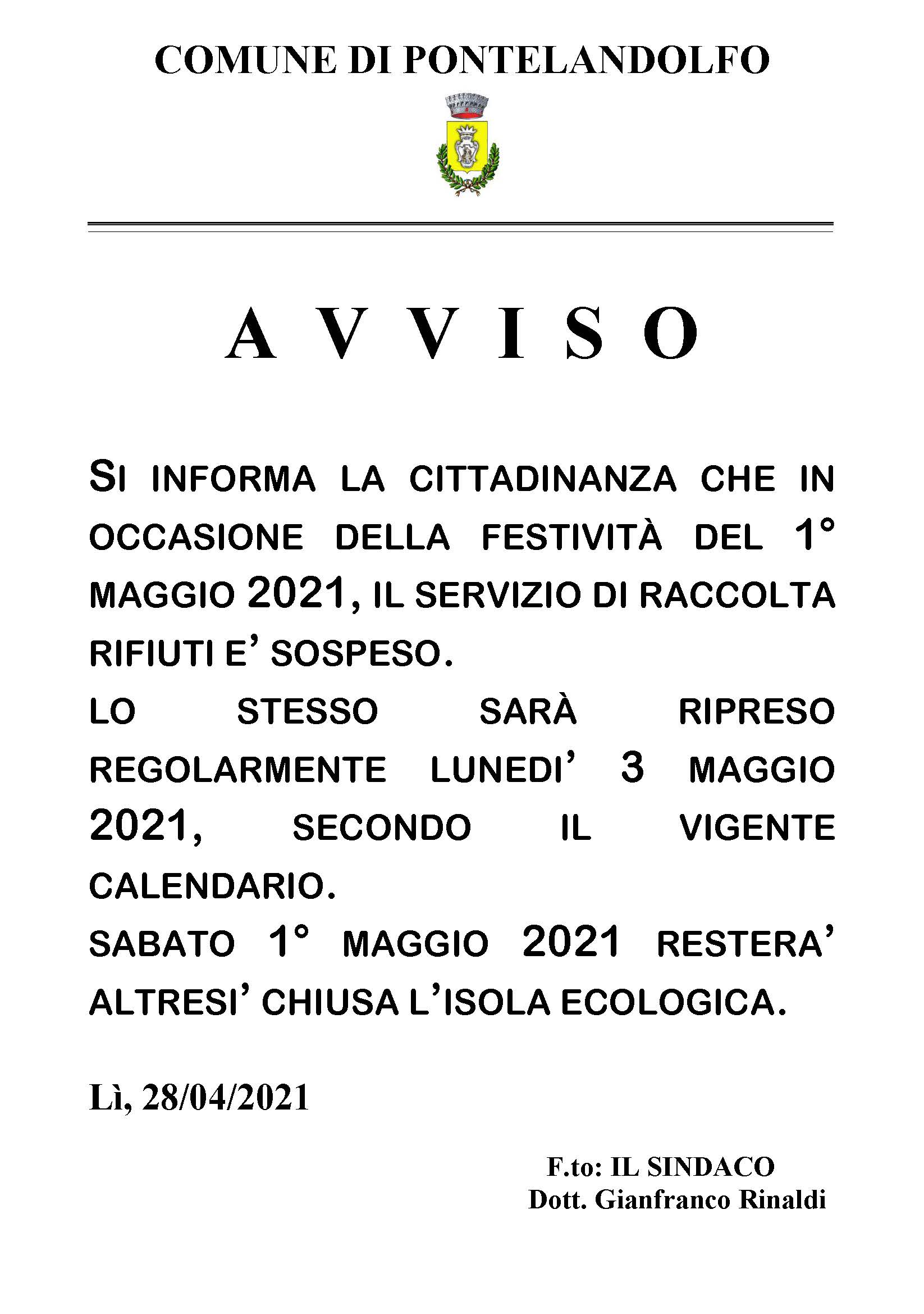 Avviso festività 1 maggio 2021