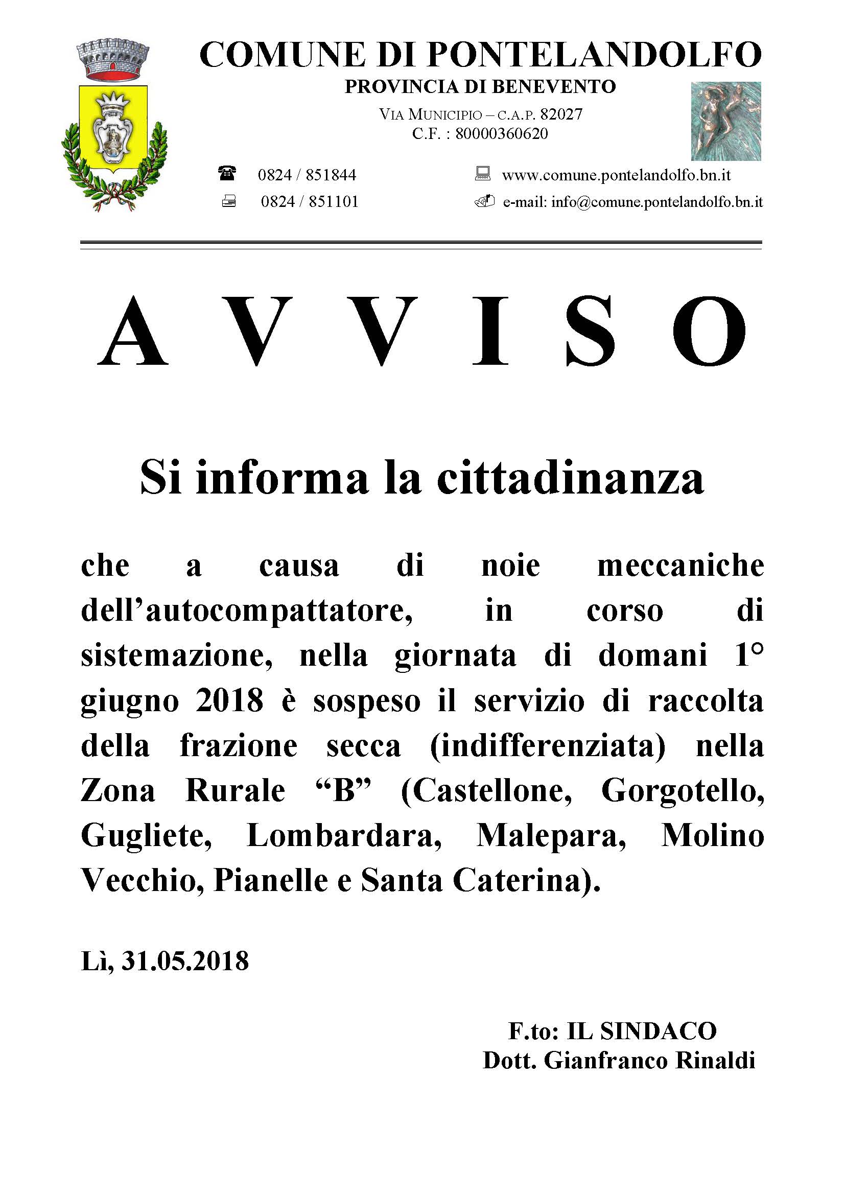 Avviso sospensione raccolta rifiuti guasto autocompattatore