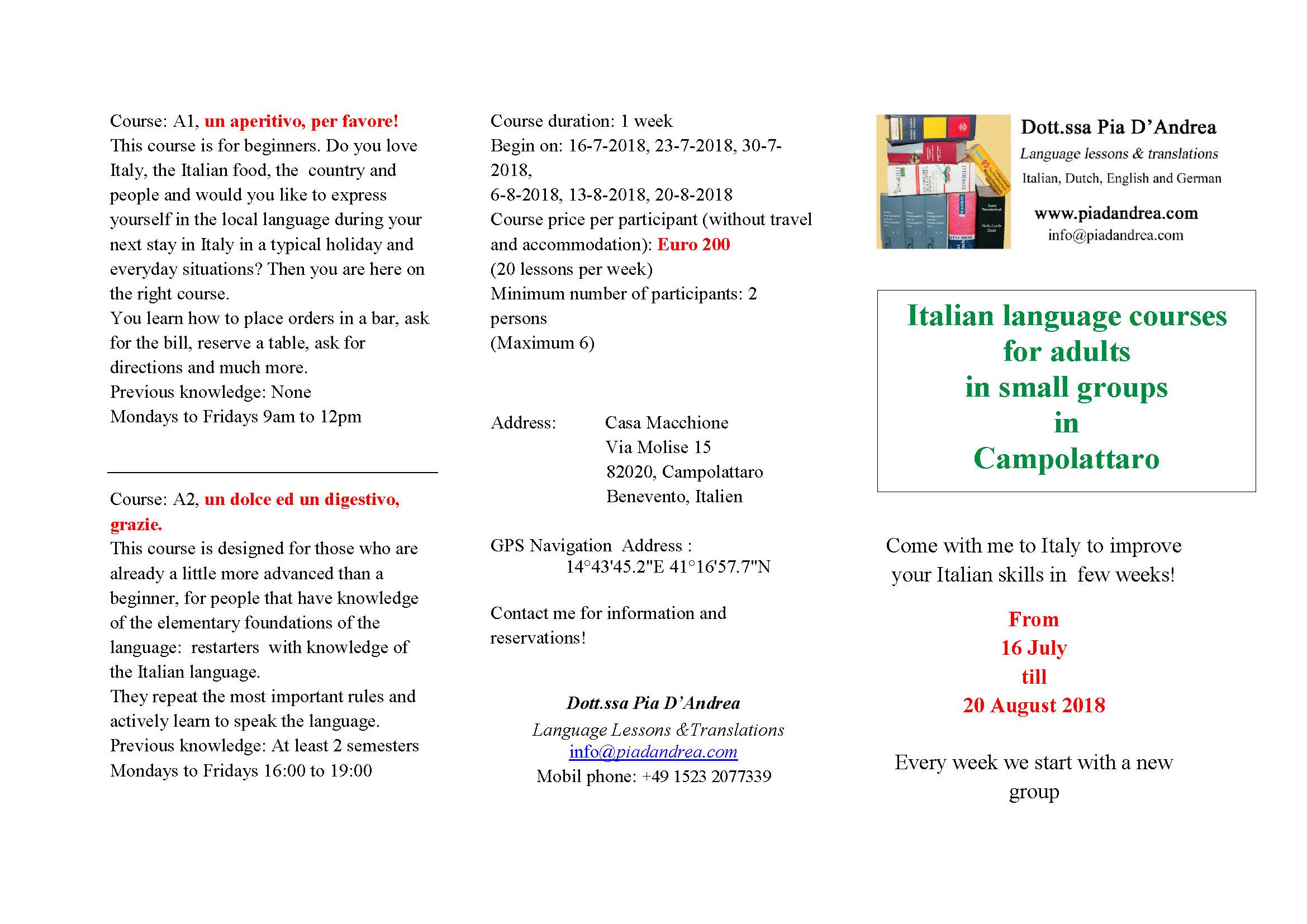 Italian language courses in Campolattaro summer 2018